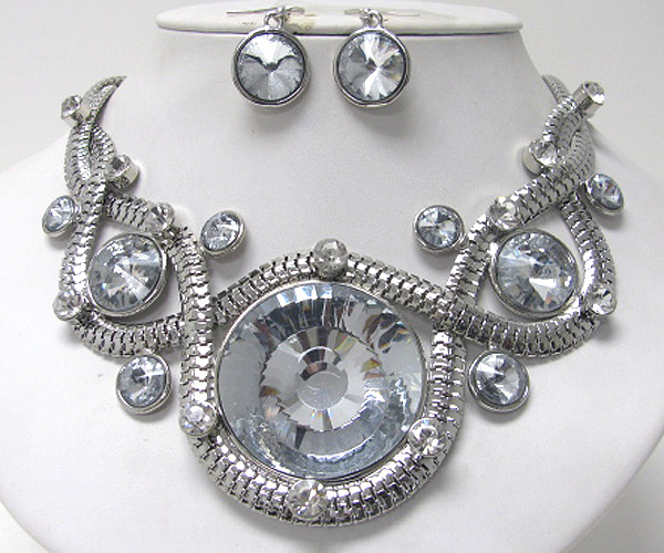 Large facet glass and snake chain architectural style necklace earring set