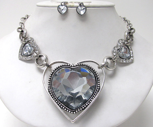 Massive style large facet glass heart necklace earring set