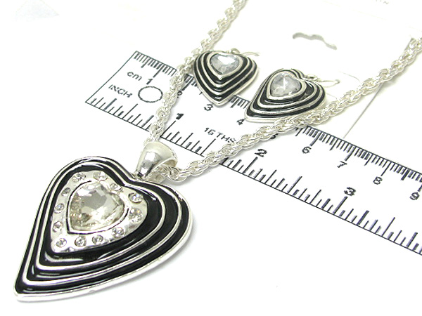 Multi crystal drop metal heart art design chain necklace earring set