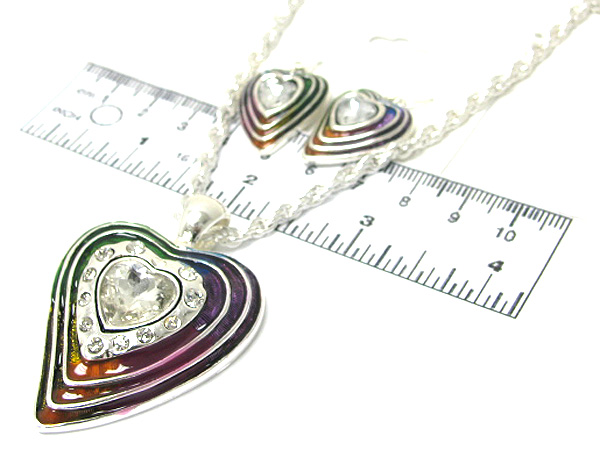 Multi crystal drop metal heart art design chain necklace earring set