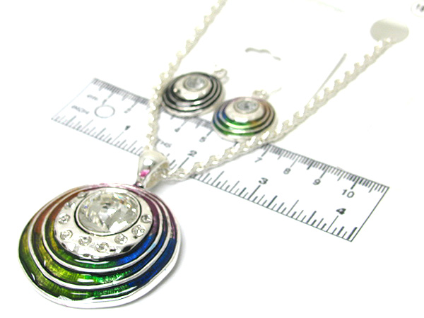 Multi crystal drop metal round art design chain necklace earring set