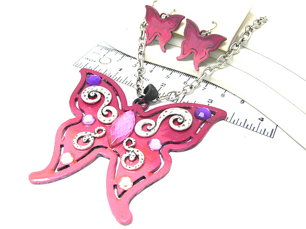 Multi crystal large metal butterfly colorful fashion drop long chian necklace earring set