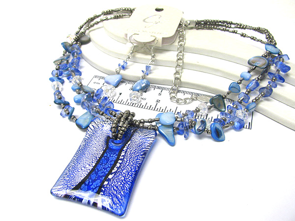 Multi seed beads and chip stone drop murano glass square chain necklace earring set