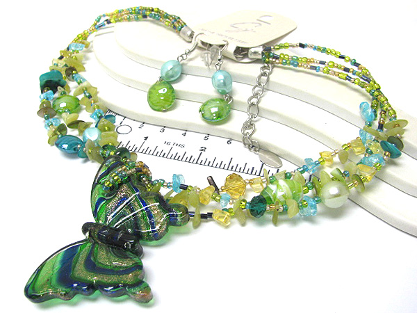 Multi seed beads and murano candy disk on necklace drop down murano butterfly necklace earring set