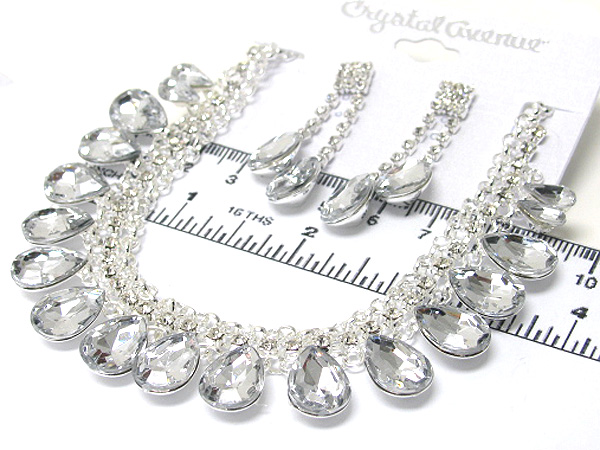 Multi crystal with chain drop dangle glass stone party necklace earring set