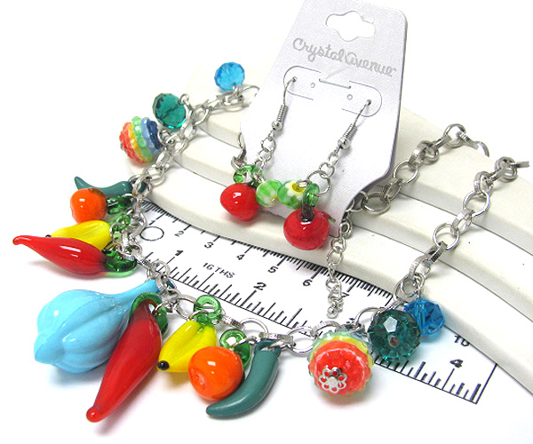 Mixed glass and acryl fashion fruit theme chain necklace earring set