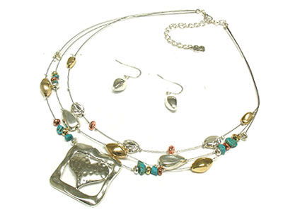 Heart emblem pendant and double strand with acryl beads necklace and earring set 