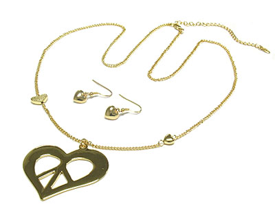 Heart peace pendant simple long necklace and earring set