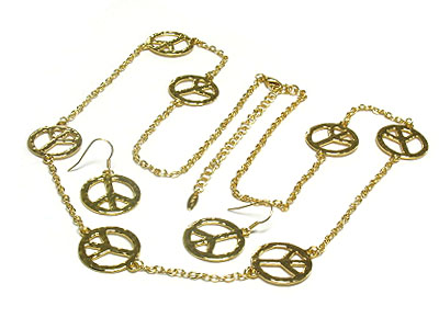 Multi peace mark link long necklace and earring set 