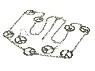 Multi peace mark link long necklace and earring set