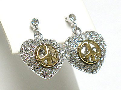 Made in korea whitegold plating peace mark on crystal puffy heart earring