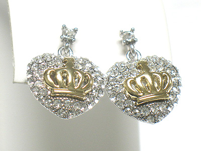 Made in korea whitegold plating crown on crystal puffy heart earring