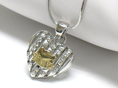 Made in korea whitegold plating cat deco crystal mesh heart  necklace