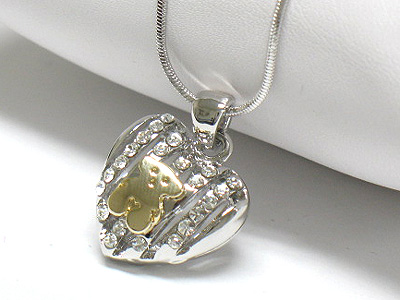 Made in korea whitegold plating bear deco crystal mesh heart  necklace