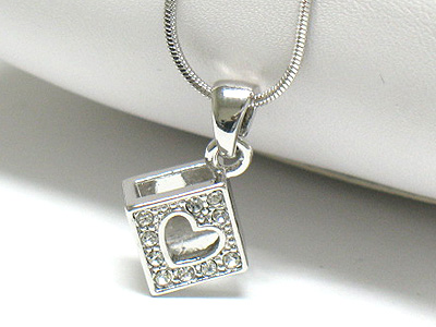 Made in korea whitegold plating heart cutout crystal deco metal cube pendant necklace