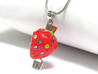 Made in korea whitegold plating crystal stud strawberry and fork pendant necklace