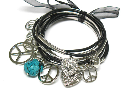 Peace theme multi cord bracelet with ribbon tied