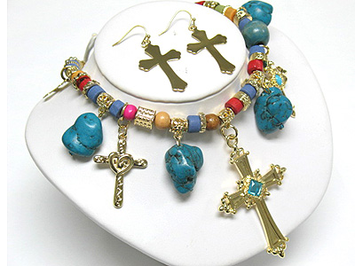 Cross dangle wood and acryl tube link neckalce and earring set