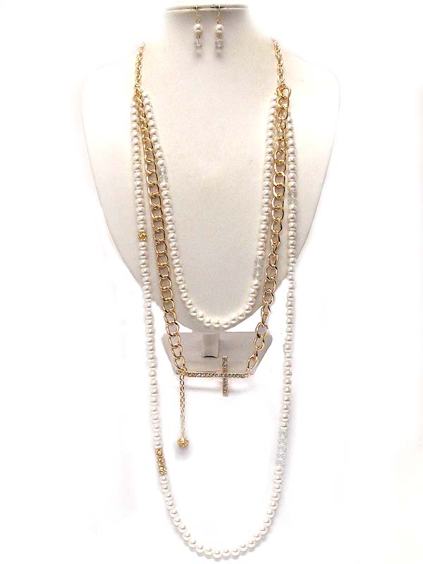 Crystal cross with three layer pearls with chain drop long chian necklace earring set