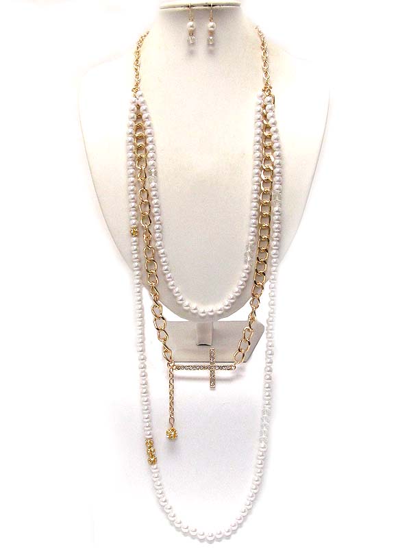 Crystal cross with three layer pearls with chain drop long chian necklace earring set