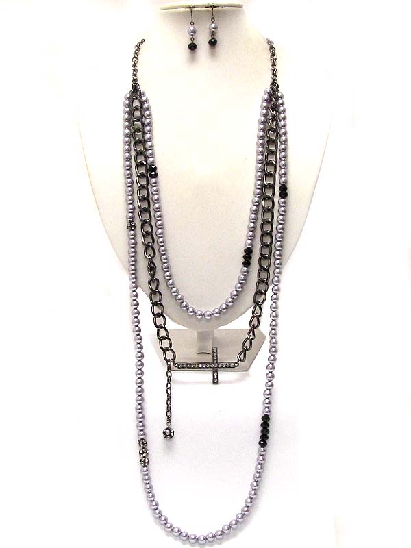 Crystal cross with three layer pearls with chain drop long chian necklace earring set