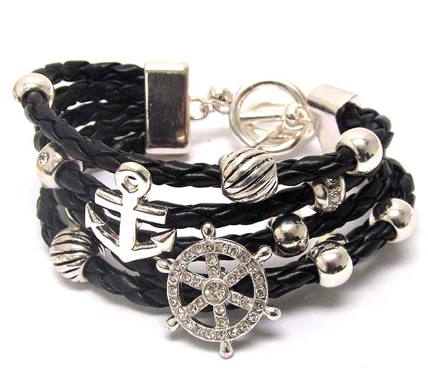 Multi woven leather and crystal deco anchor theme toggle bracelet