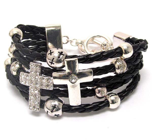 Multi woven leather and crystal deco cross theme toggle bracelet