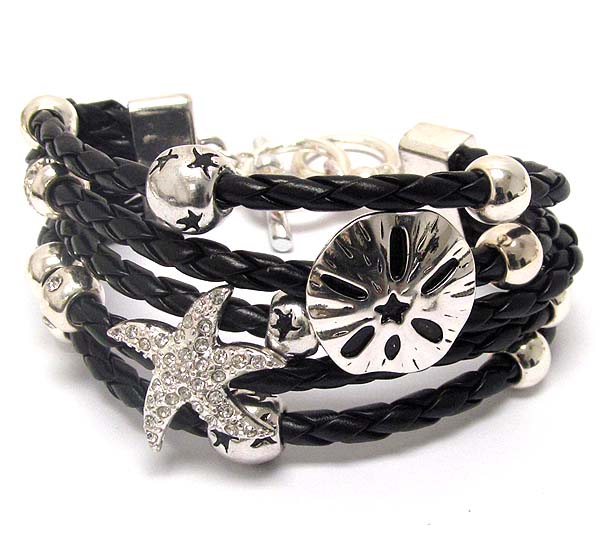 Multi woven leather and crystal deco sea life theme toggle bracelet