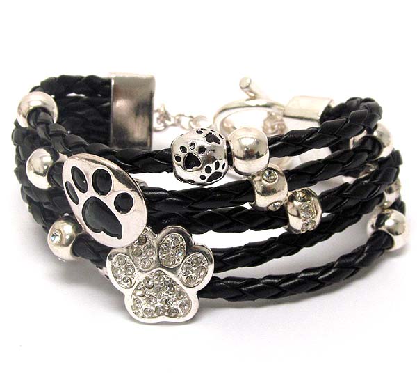 Multi woven leather and crystal deco paw theme toggle bracelet