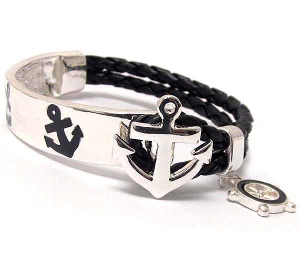 Anchor theme half woven leatherette and metal casting band bracelet