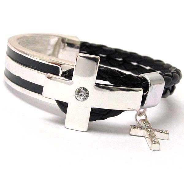 Crystal deco cross and half woven leatherette and half casting band bracelet