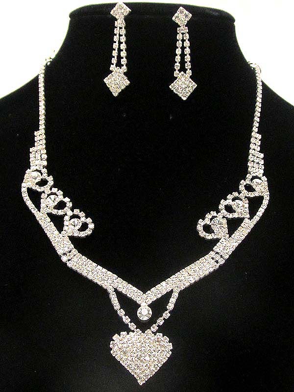 Multi rhinestone with heart pattern party necklace earring set