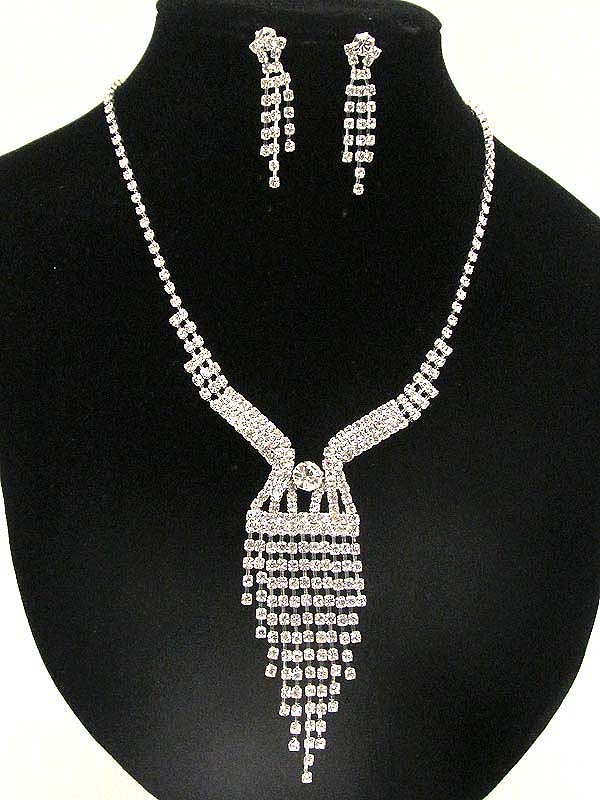 Multi rhinestone with drop line dangle party necklace earring set