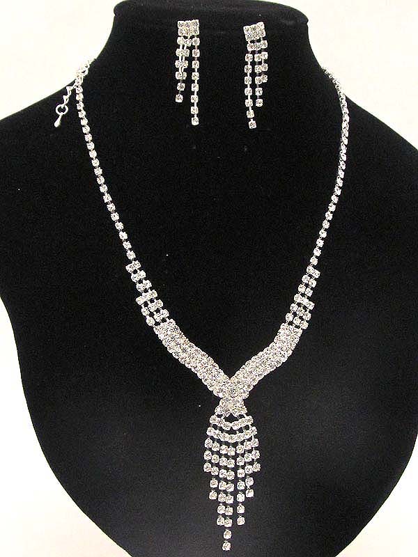 Multi rhinestone with drop line dangle party necklace earring set