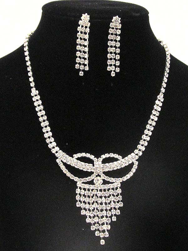 Multi rhinestone with two oval drop line dangle party necklace earring set