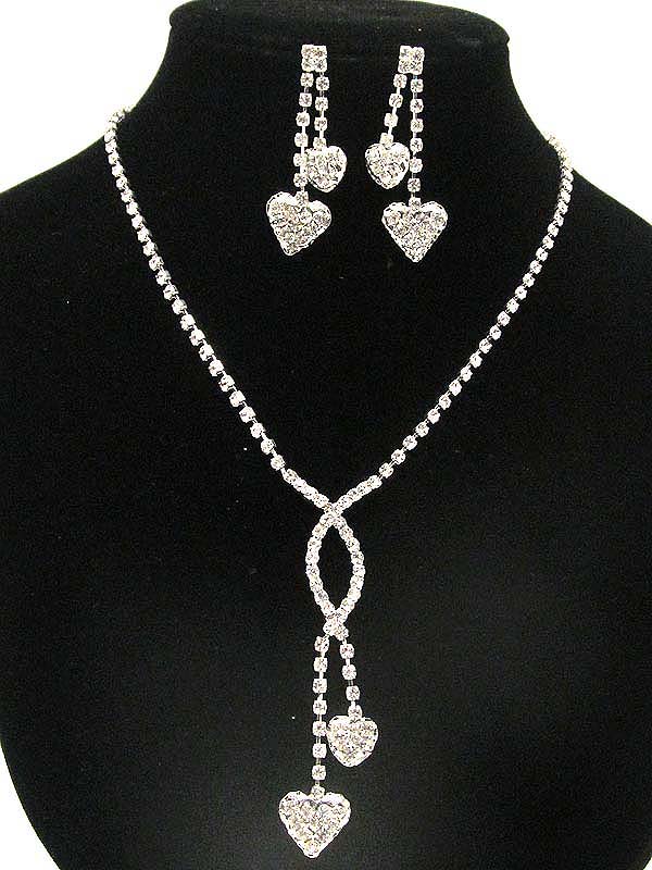 Multi rhinestone with two heart pattern twist line party necklace earring set