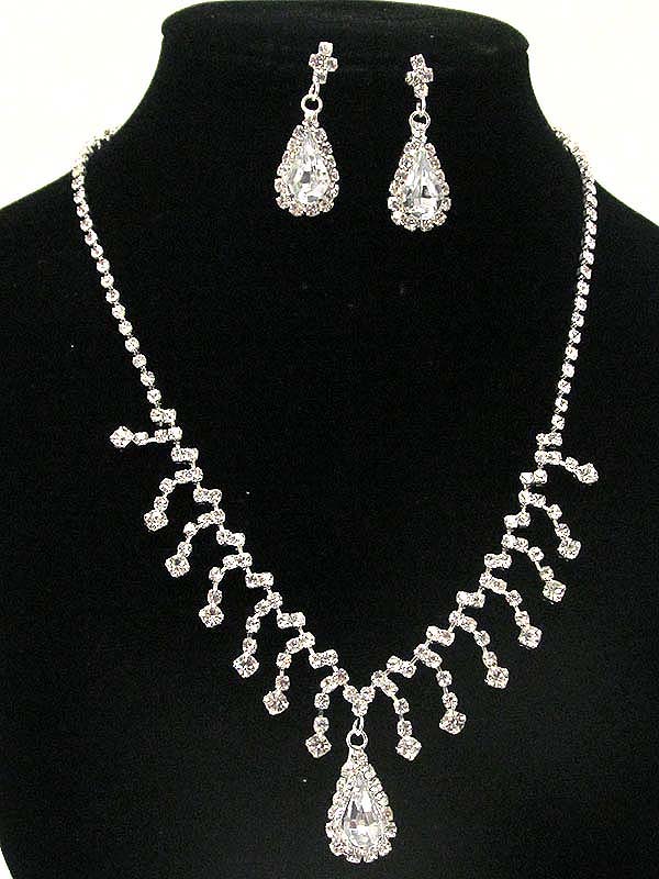 Multi rhinestone with tear drop and pattern line drop party necklace earring set