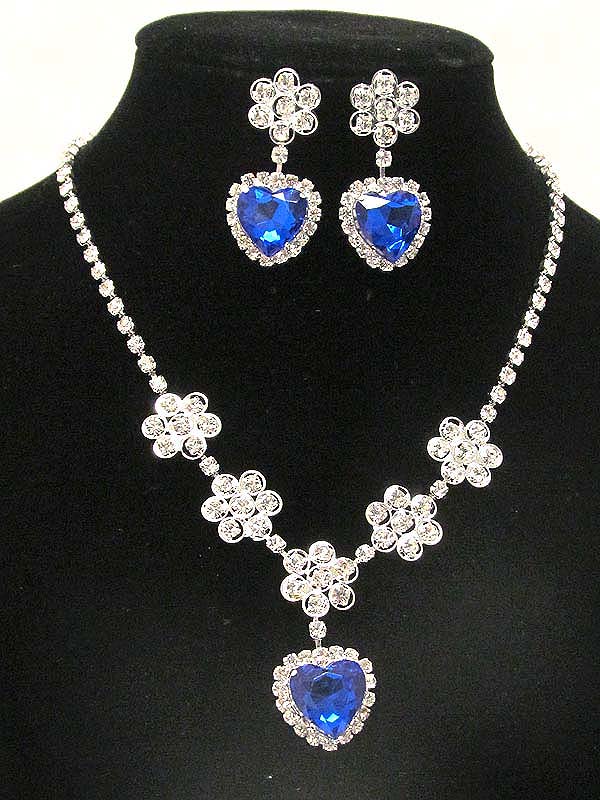 Multi rhinestone fower with crystal glass heart stone drop party necklace and clip on earring set