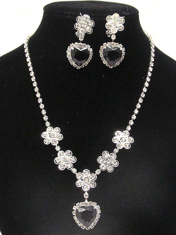 Multi rhinestone fower with crystal glass heart stone drop party necklace and clip on earring set