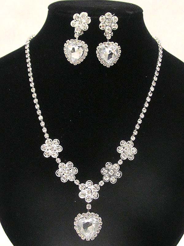 Multi rhinestone fower with crystal glass heart stone drop party necklace and clip on earring set