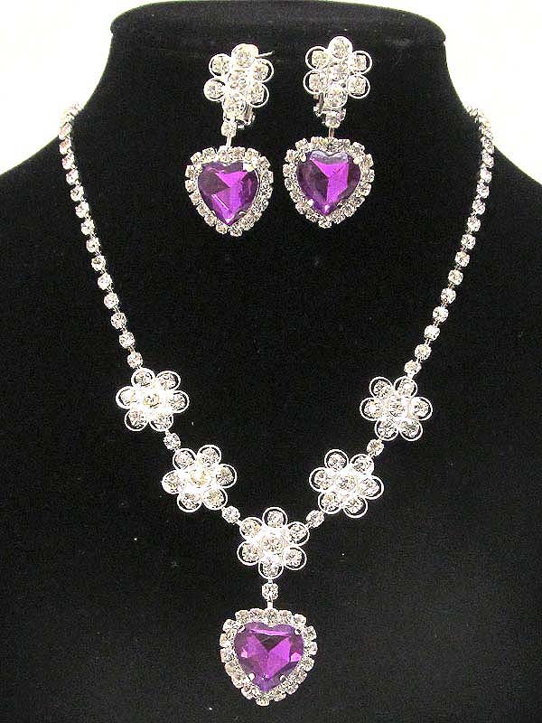 Multi rhinestone fower with crystal glass heart stone drop party necklace and clip on earring set