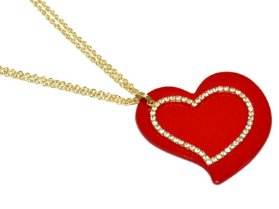 Crystal rhinestone heart on red acryl heart necklace