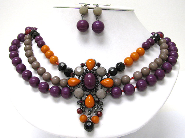 Boutique style stone and beads art deco triple beads strand necklace earring set