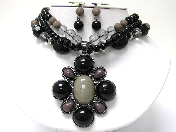 Boutique style stone and beads art deco medallion multi strand necklace earring set