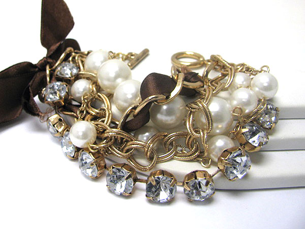 Pearl crystal and mixed metal chain tangle link bracelet