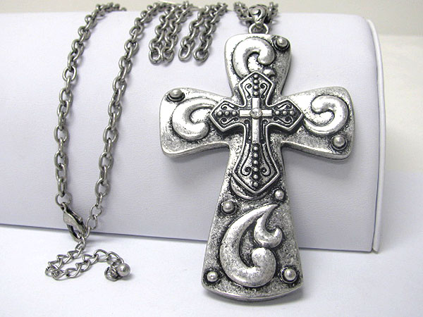 Crystal center large metal cross pendant long necklace earring set