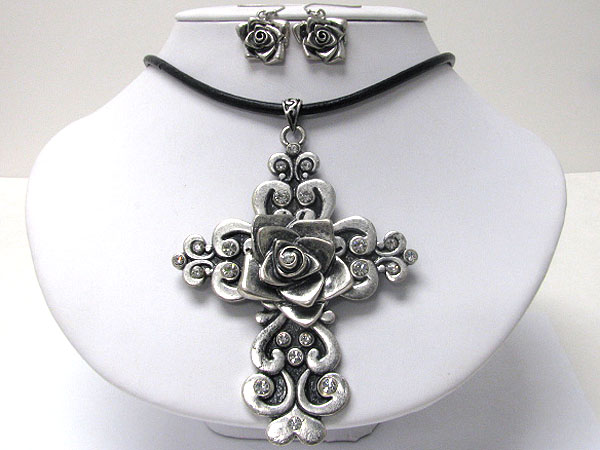 Crystal stud metal rose garden cross cord necklace earring set