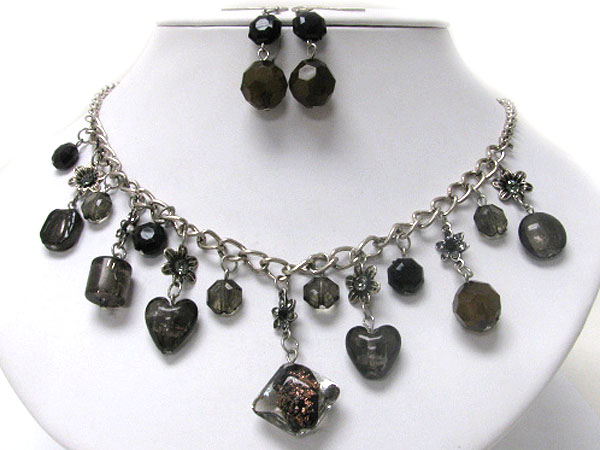 Multi shape glass charm dangle necklace earring set