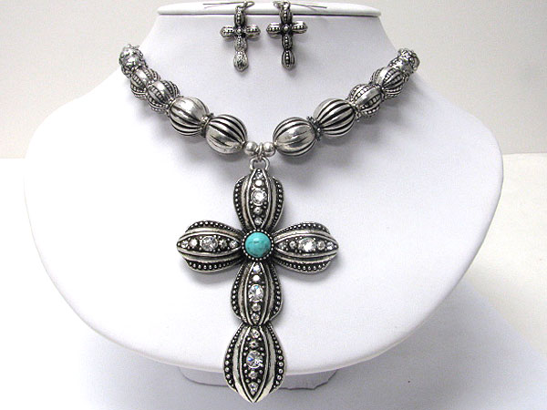 Crystal and turquoise center textured cross and metal ball link chain necklace earring set