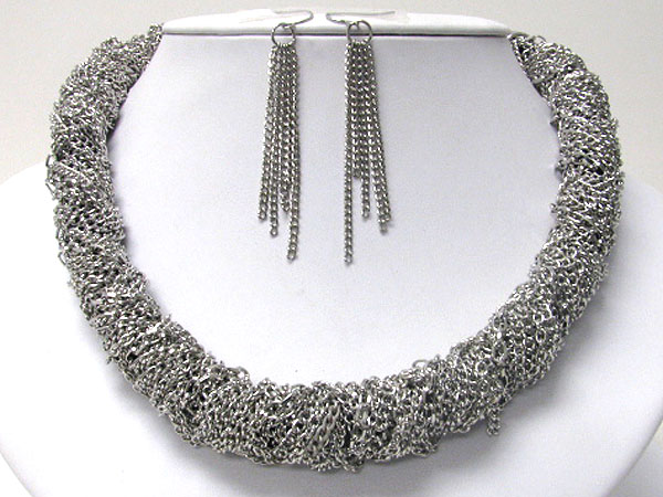 Large metal mesh tube chain necklace earring set